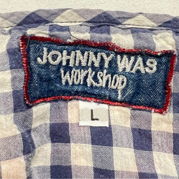 Johnny Was Workshop Embroidered Gingham Top- blue White floral boho peasant sz L - Picture 6 of 8